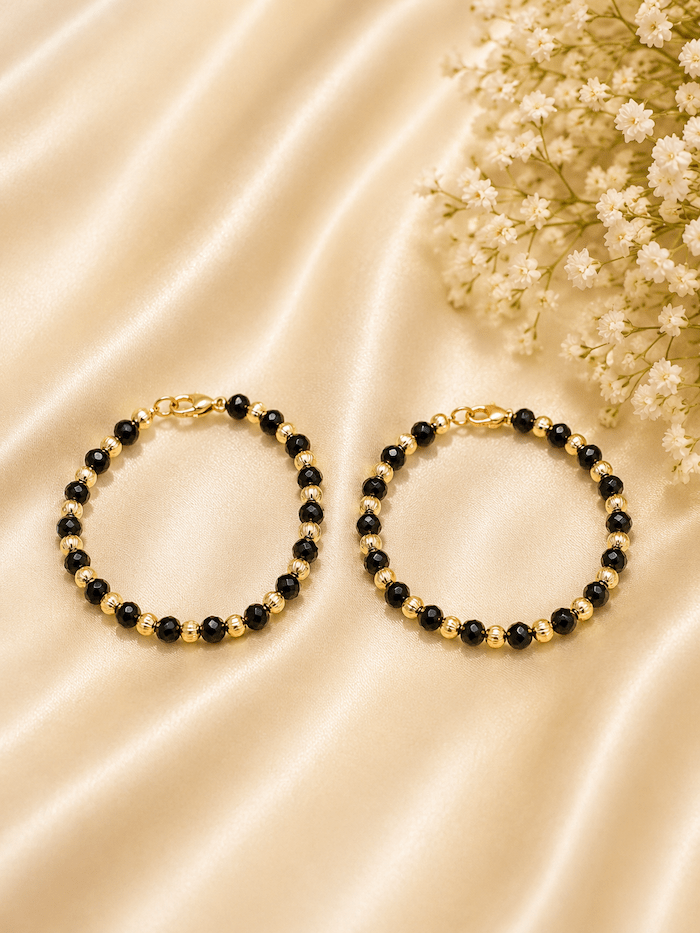 Kids Black Beaded Gold Polish Bracelet | Traditional Nazar Protection Bracelet for Boys & Girls