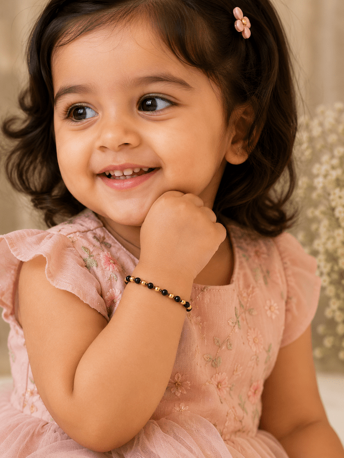 Kids Black Beaded Gold Polish Bracelet | Traditional Nazar Protection Bracelet for Boys & Girls - Image 2