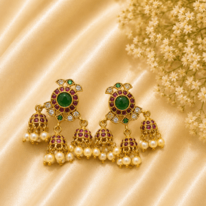 Traditional Kundan Jhumka Earrings with Green & Ruby Stones