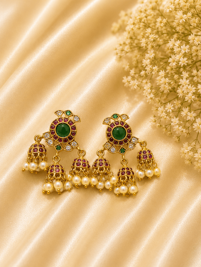 Traditional Kundan Jhumka Earrings with Green & Ruby Stones