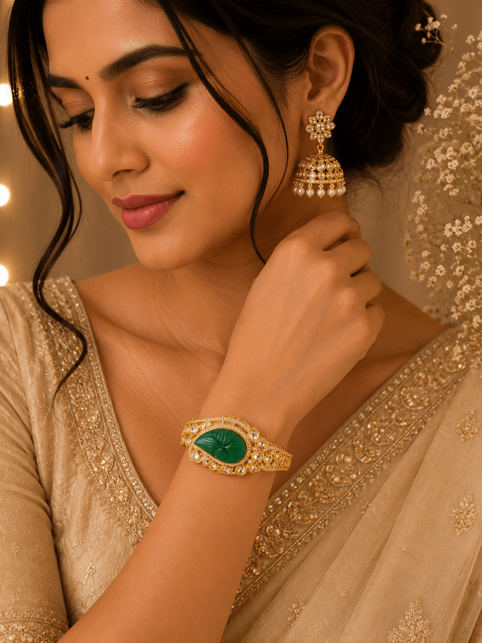 Luxury Green Jade Kundan Gold Polish Bracelet for Women - Image 2