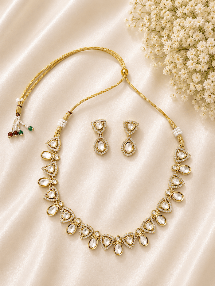 Classic Kundan Necklace Set with Drop Earrings - Image 2