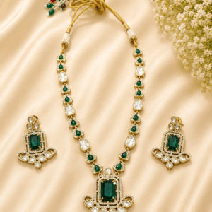 Emerald Green Kundan Pendant Necklace Set with Earrings