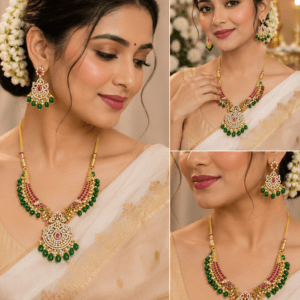 Premium Kundan Bridal Necklace Set with Green Beads, AD Stones & Matching Earrings