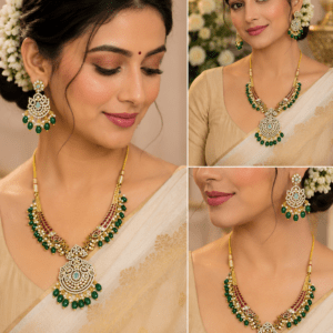 Royal Kundan AD Necklace Set with Green Beads & Statement Pendant