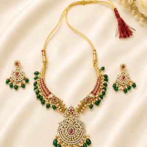 Premium Kundan Bridal Necklace Set with Green Beads, AD Stones & Matching Earrings