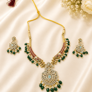 Royal Kundan AD Necklace Set with Green Beads & Statement Pendant