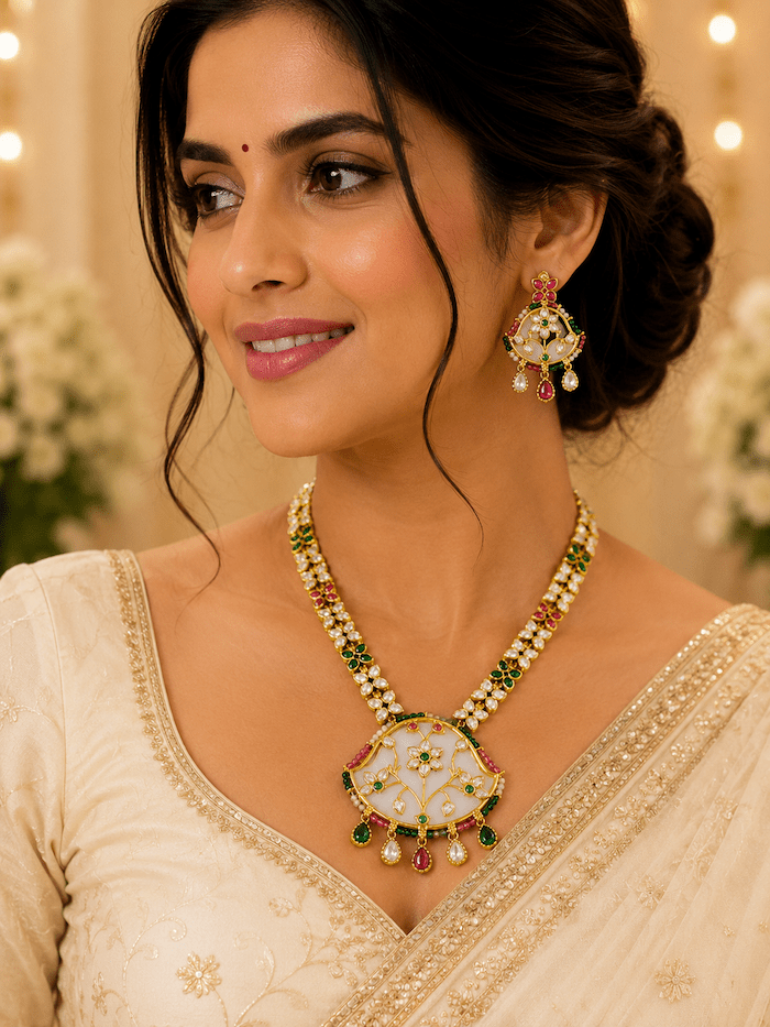 Traditional Kundan Meenakari Necklace Set with Earrings