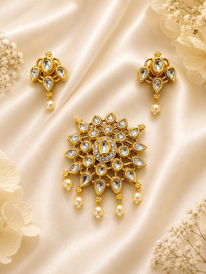 Traditional Kundan Pendant Set with Pearl Drops