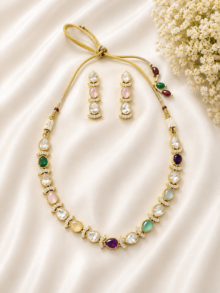 Rose Gold Multi-Color Kundan Necklace Set with Earrings - Image 2
