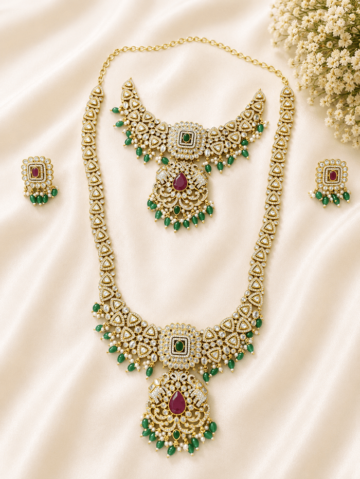 Premium Kundan Bridal Jewellery Set on Rent | Double Layer Necklace with Choker, Earrings & Pendant | Wedding Collection - Image 2