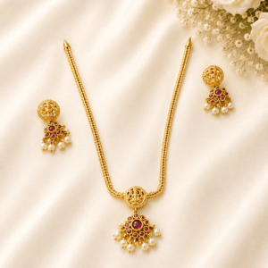 Classic Lakshmi Short Necklace Set with Ruby Stones & Pearl Drops