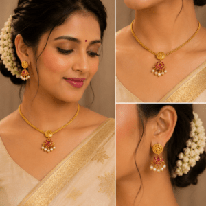 Classic Lakshmi Short Necklace Set with Ruby Stones & Pearl Drops