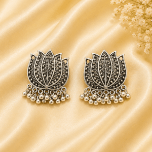 Oxidized Lotus Stud Earrings with Pearl Drops