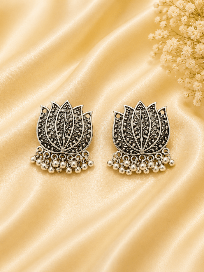 Oxidized Lotus Stud Earrings with Pearl Drops