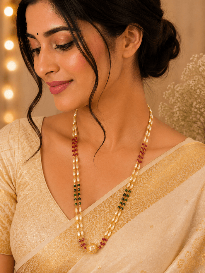 Elegant Pearl & Multi-Colour Beaded Long Necklace for Women - Image 2