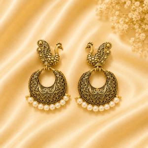 Oxidized Peacock Chandbali Earrings with Pearl Drops
