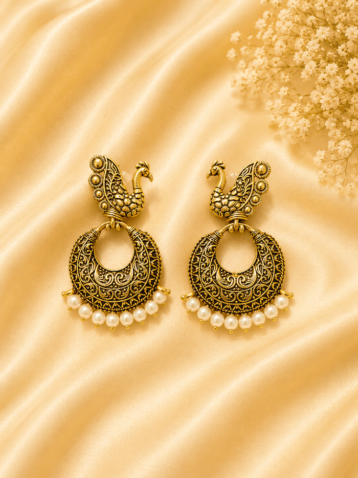 Oxidized Peacock Chandbali Earrings with Pearl Drops