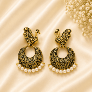 Oxidized Peacock Chandbali Earrings with Pearl Drops