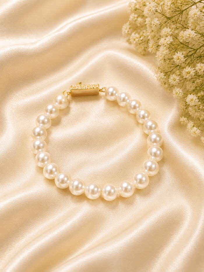 Classic White Pearl Bracelet for Women | Elegant Gold Polish Pearl Bracelet