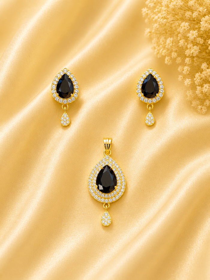 Elegant Black Teardrop Pendant Set with American Diamonds