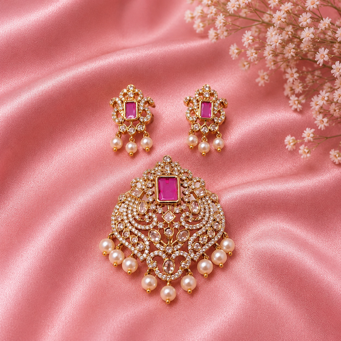 Antique Pink Stone Pendant Set with Matching Earrings