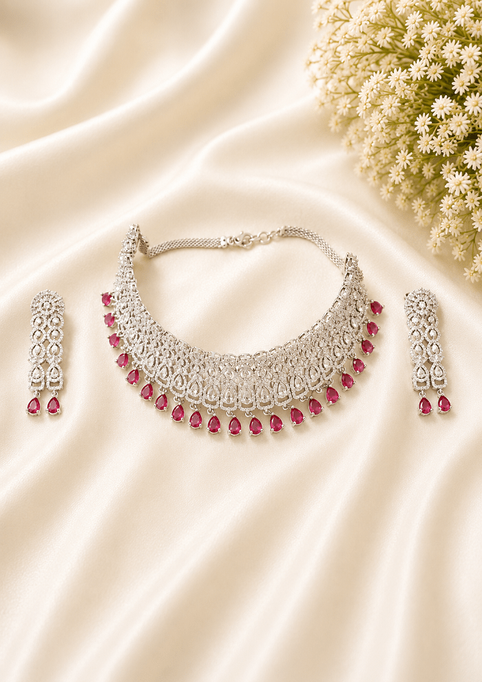 Premium Silver Finish Bridal Choker Set on Rent | AD Choker with Ruby Pink Stones & Matching Earrings - Image 2