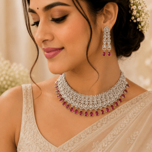Premium Silver Finish Bridal Choker Set on Rent | AD Choker with Ruby Pink Stones & Matching Earrings