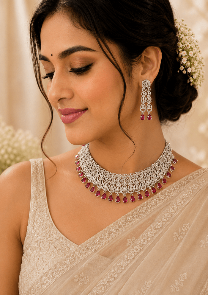 Premium Silver Finish Bridal Choker Set on Rent | AD Choker with Ruby Pink Stones & Matching Earrings