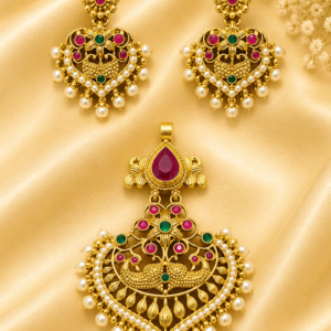 Traditional Peacock Pendant Set with Pearl Drops