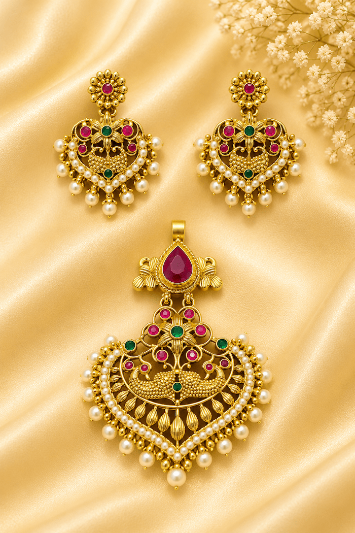 Traditional Peacock Pendant Set with Pearl Drops