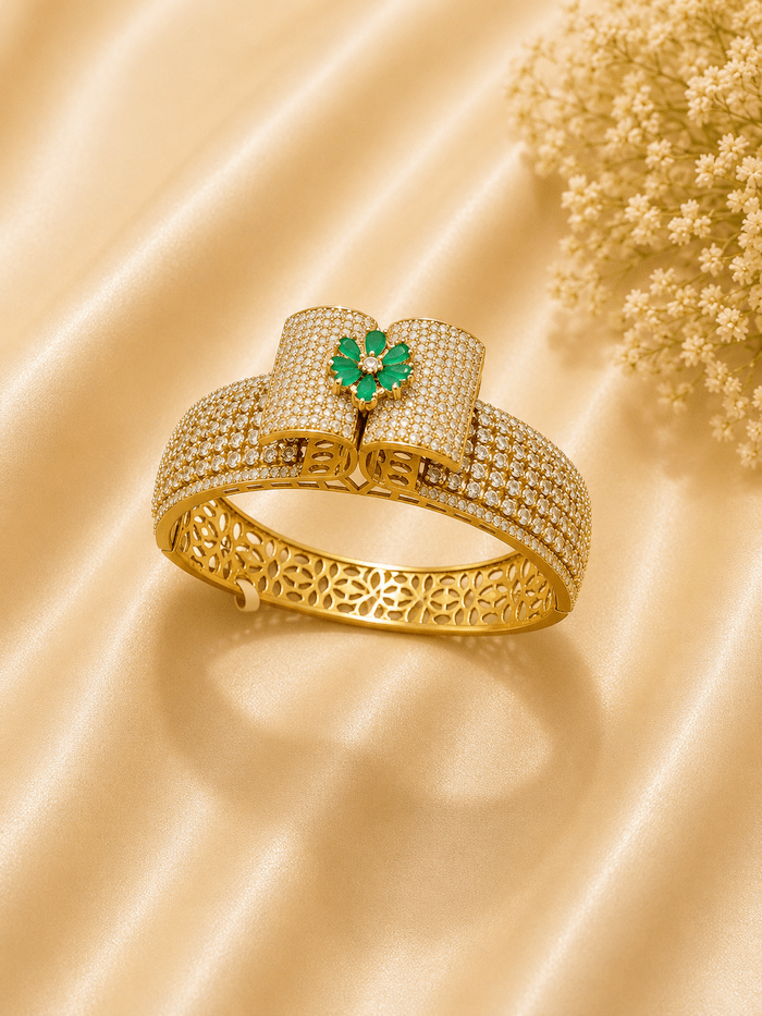 Luxury Emerald Floral Gold Polish Bracelet for Women | American Diamond Bridal Kada