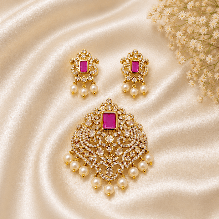 Antique Pink Stone Pendant Set with Matching Earrings