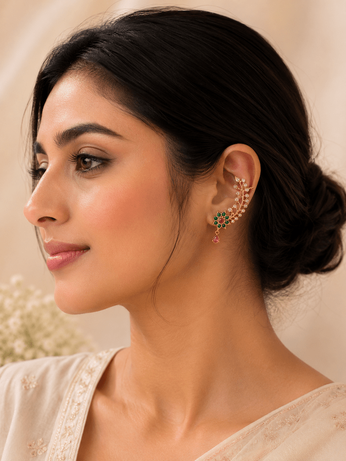 Traditional Floral AD Ear Cuff Earrings – Gold Plated | Green & Ruby Stone Ear Climbers - Image 2