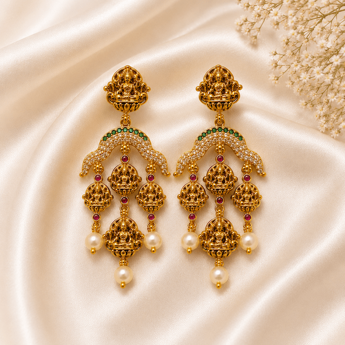 Antique Temple Lakshmi Earrings with AD Stones & Pearl Drops
