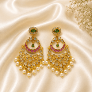 Antique Chandbali Earrings with Green Stone, Pink AD Work & Pearl Drops