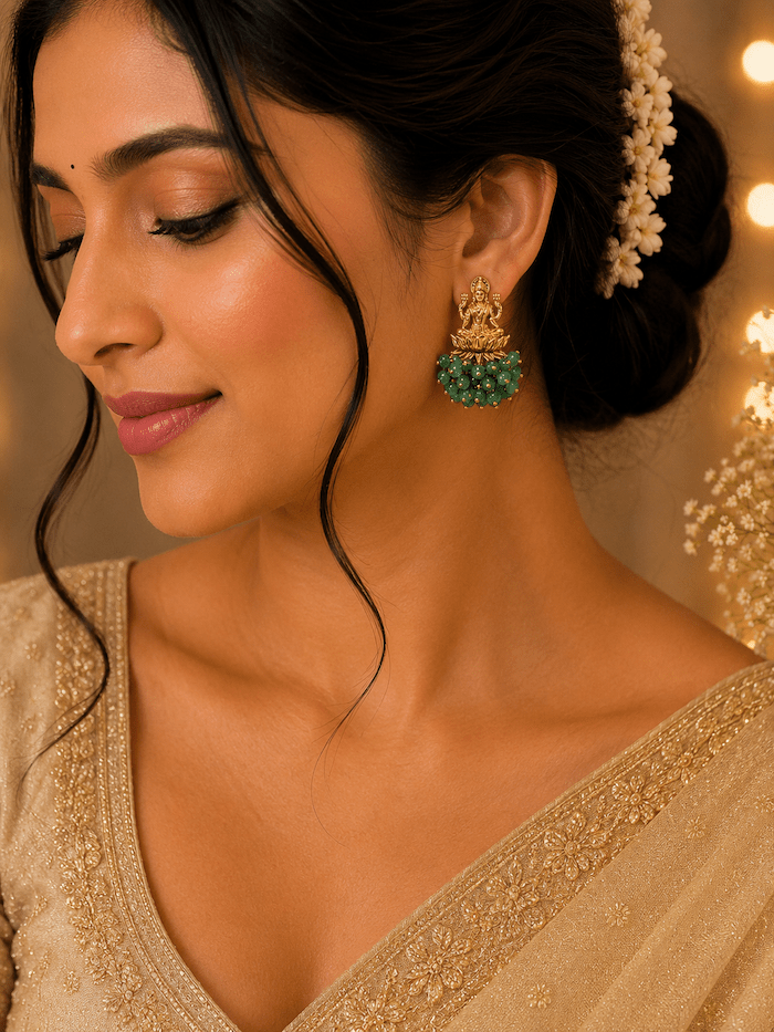 Lakshmi Temple Earrings with Green Beads - Image 2