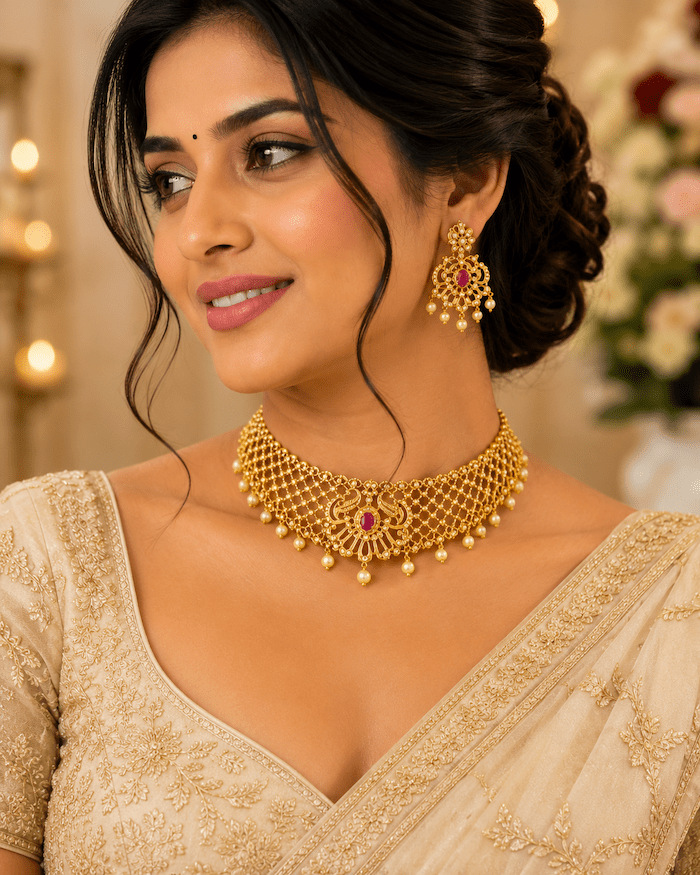 Gold Peacock Choker Necklace Set with Ruby Stone & Pearl Drops - Image 3