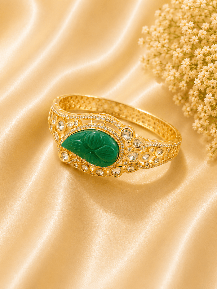 Luxury Green Jade Kundan Gold Polish Bracelet for Women