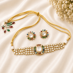 Multi-Color Kundan Choker Necklace Set with Stud Earrings