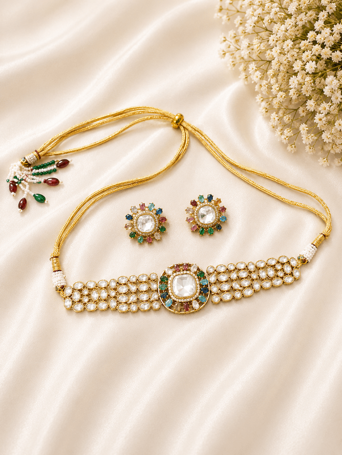 Multi-Color Kundan Choker Necklace Set with Stud Earrings