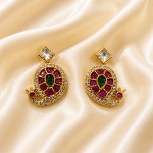 Antique Kundan Paisley Stud Earrings with Ruby & Emerald Stones