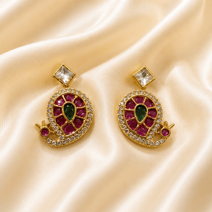 Antique Kundan Paisley Stud Earrings with Ruby & Emerald Stones
