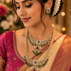 Premium Kundan Bridal Jewellery Set on Rent | Double Layer Necklace with Choker, Earrings & Pendant | Wedding Collection