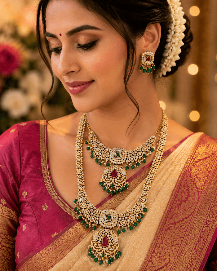 Premium Kundan Bridal Jewellery Set on Rent | Double Layer Necklace with Choker, Earrings & Pendant | Wedding Collection