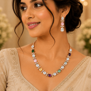 Rose Gold Multi-Color Kundan Necklace Set with Earrings