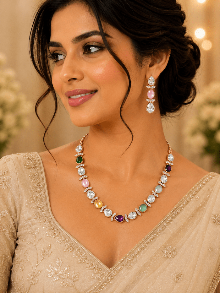 Rose Gold Multi-Color Kundan Necklace Set with Earrings