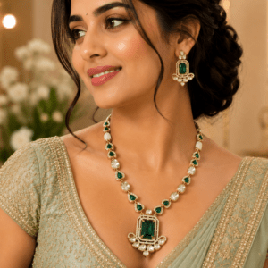 Emerald Green Kundan Pendant Necklace Set with Earrings