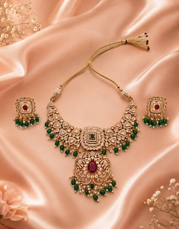 Exquisite Emerald & Ruby Kundan Necklace Set - Image 2