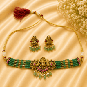 Lakshmi Temple Choker Necklace Set with Green Beads